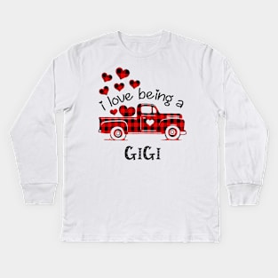 I Love Being Gigi Red Plaid Buffalo Truck Hearts Valentine's Day Shirt Kids Long Sleeve T-Shirt